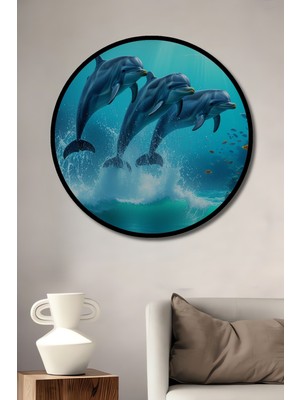 Çerçeve Görünümlü Mavi Dünyanın Neşeli Yunusları Yağlı Boya Görünümlü Ahşap Ofis Yuvarlak Tablo
