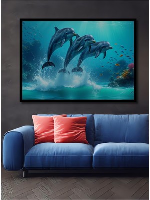 Çerçeve Görünümlü Mavi Dünyanın Neşeli Yunusları Yağlı Boya Görünümlü Ahşap Ofis Kare Tablo