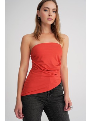 2013 Kadın Beli Büzgülü Asimetrik Straplez Bluz Kırmızı