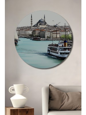 Istanbul Boğazı Vapur ve Cami Sulu Boya Görünümlü Dekoratif Ahşap Ev/işyeri/ofis Yuvarlak Tablo