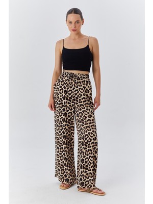 4546 Kadın Leopar Desen Saten Palazzo Pantolon Bej