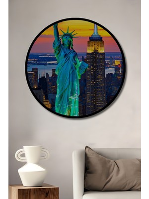 Çerçeve Görünümlü Özgürlük Heykeli ve Empire State Binası Yağlı Boya Görünümlü Ahşap Ofis Tablo
