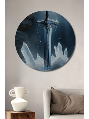 Buz Kristali Tahtında Fantastik Kılıç Yağlı Boya Görünümlü Dekoratif Ahşap Ev/işyeri/ofis Tablo