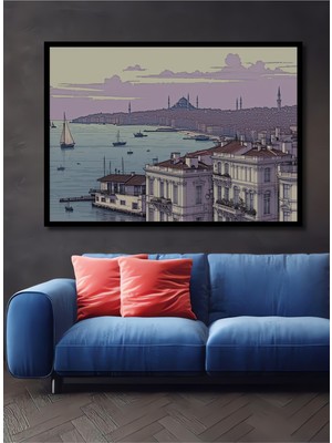 Çerçeve Görünümlü Istanbul Boğazı Pastel Boya Görünümlü Tarihi Dekoratif Ahşap Ofis Kare Tablo