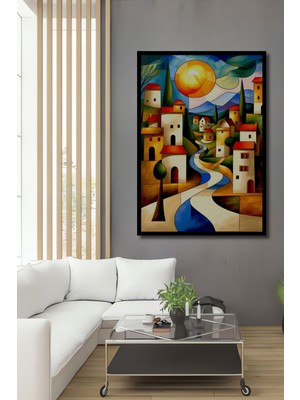 Çerçeve Görünümlü Güneşli Köy Yağlı Boya Görünümlü Dekoratif Ahşap Ev/işyeri/ofis Kare Tablo