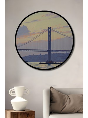 Çerçeve Görünümlü Istanbul Boğaz Köprüsü Yağlı Boya Görünümlü Muhteşem Ahşap Ofis Yuvarlak Tablo