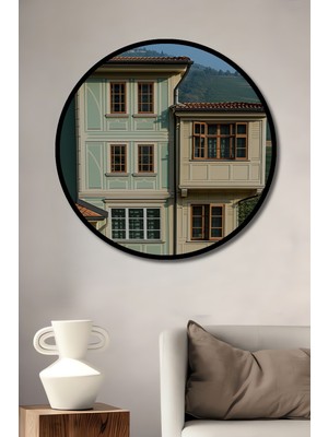 Çerçeve Görünümlü Italyan Köy Evi Yağlı Boya Görünümlü Dekoratif Ahşap Işyeri/ofis Yuvarlak Tablo