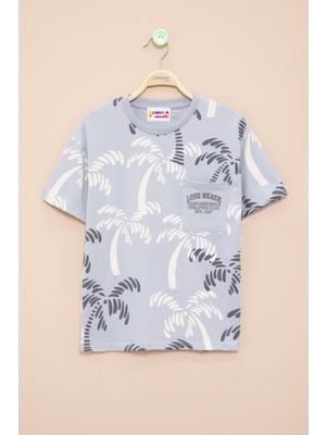 Gri Palmiye Desenli Yazılı Cepli Erkek Çocuk Bisiklet Yaka Tişört 20930