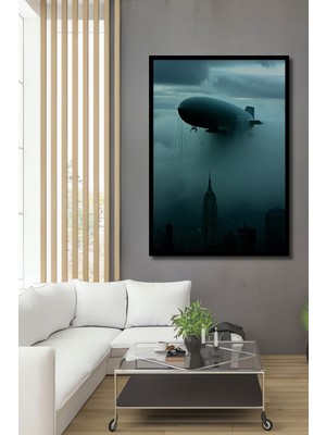 Çerçeve Görünümlü Retro Zeplin ve Empire State Binası Yağlı Boya Görünümlü Ofis Ahşap Kare Tablo