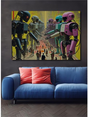 Robotlar Geçidi Yağlı Boya Görünümlü Dekoratif Ahşap Ev/işyeri/ofis Kare Tablo