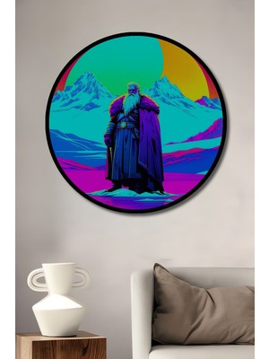 Çerçeve Görünümlü Neon Işıklarında Ihtişamlı Viking Yağlı Boya Görünümlü Dekoratif Ahşap Ofis Tablo