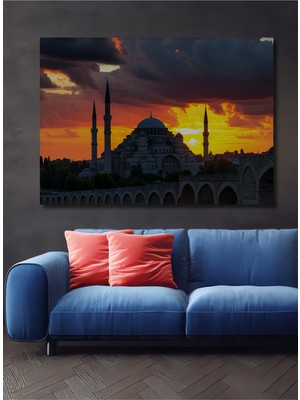 Istanbul Süleymaniye Cami Gün Batımı Yağlı Boya Görünümlü Dekoratif Ahşap Ev/işyeri/ofis Kare Tablo
