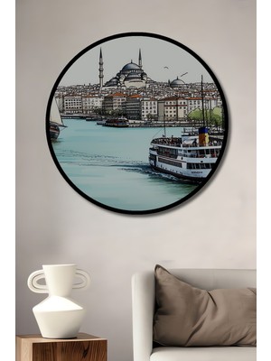 Çerçeve Görünümlü Istanbul Boğazı Vapur ve Cami Sulu Boya Görünümlü Ahşap Ofis Yuvarlak Tablo