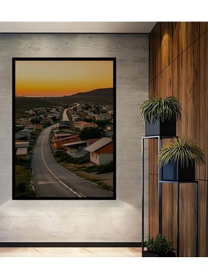 Çerçeve Görünümlü Gün Batımı Kasabası Yağlı Boya Görünümlü Dekoratif Ahşap Işyeri/ofis Kare Tablo