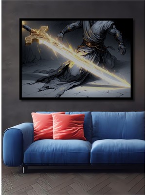Çerçeve Görünümlü Altın Kılıç ve Savaşçı Kara Kalem Görünümlü Dekoratif Ahşap Ofis Kare Tablo