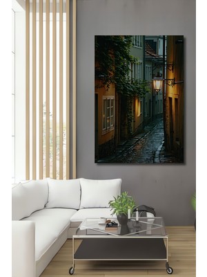 Yağmurlu Sokak Lambası Sulu Boya Görünümlü Dekoratif Ahşap Ev/işyeri/ofis Kare Tablo