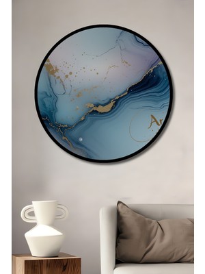 Çerçeve Görünümlü Mavi Altın Mermer Desenli Dekoratif Ahşap Ev/işyeri/ofis Yuvarlak Tablo