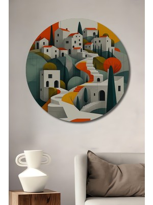 Modern Şehir Merdivenleri Yağlı Boya Görünümlü Dekoratif Ahşap Ev/işyeri/ofis Yuvarlak Tablo