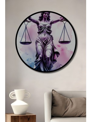 Çerçeve Görünümlü Adalet Tanrıçası Terazisi Sulu Boya Görünümlü Dekoratif Ahşap Ofis Yuvarlak Tablo