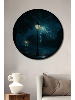 Çerçeve Görünümlü Şimşekli Yağmurda Lamba Işığı Yağlı Boya Görünümlü Ahşap Ofis Yuvarlak Tablo