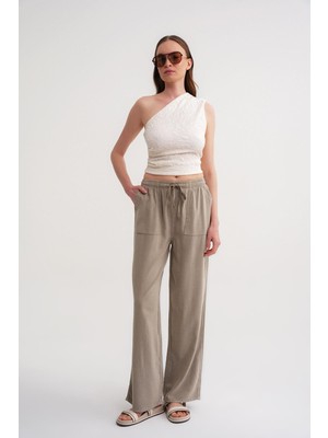 4629 Kadın Bol Paça Yüksek Bel Viskon Palazzo Pantolon Toprak