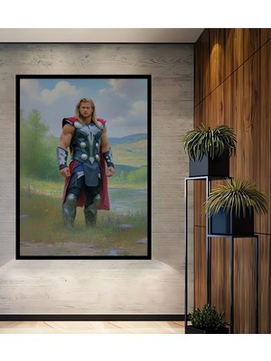 Çerçeve Görünümlü Thor Yağlı Boya Görünümlü Dekoratif Ahşap Ofis Kare Tablo Destansı Kahramanlık