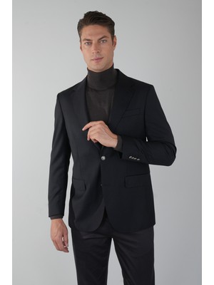 Bisse Comfort Fit Siyah Dokuma Mono Yaka Çift Yırtmaçlı 6 Drop Yün Blazer Erkek Ceket PCK24KNOS001_D99