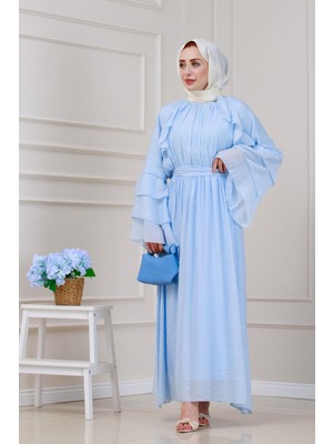 Fırfır Detaylı Lora Elbise-Mavi