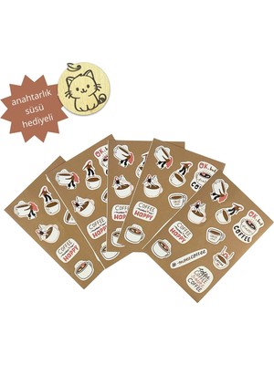 Kahve Temalı Sticker Seti – 5 Yaprak Defter, Laptop, Günlük ve Hediye Için Etiketler