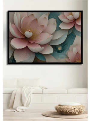 Çerçeve Görünümlü Pembe Lotus Çiçeği Yağlı Boya Görünümlü Dekoratif Ahşap Ev/işyeri/ofis Kare Tablo