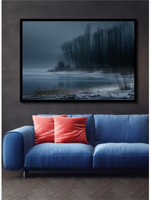 Çerçeve Görünümlü Buzlu Nehir Kenarı Hüzünlü Ağaçlar Yağlı Boya Görünümlü Ahşap Ofis Kare Tablo
