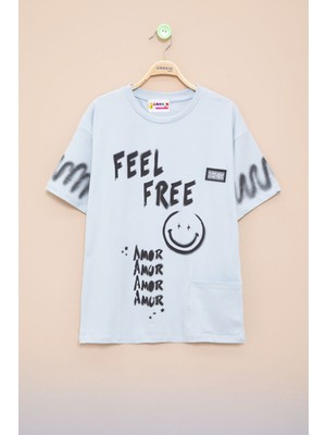 Mavi Cep Detaylı Yazı Baskılı Erkek Çocuk Bisiklet Yaka Tişört 20908