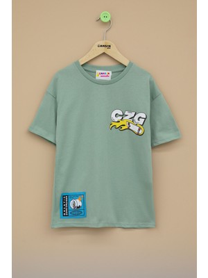 Yeşil Kaykay Baskılı Yazılı Erkek Çocuk Bisiklet Yaka Tişört 20917