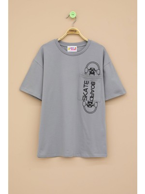 Füme Skateboard Baskılı Cepli Erkek Çocuk Bisiklet Yaka Tişört 20910