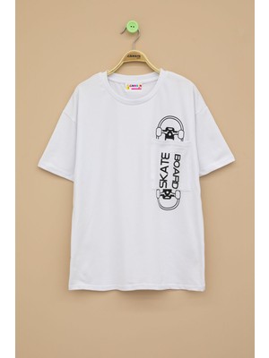 Ekru Skateboard Baskılı Cepli Erkek Çocuk Bisiklet Yaka Tişört 20912