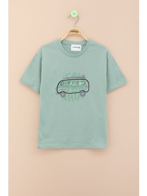 Cansın Mini Cansın Yeşil Araba Baskılı Erkek Çocuk Kısa Kol Tişört 20925 Bisiklet Yaka Trend Stil Pamuklu
