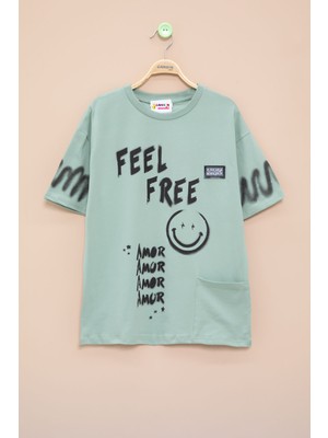 Yeşil Cep Detaylı Yazı Baskılı Erkek Çocuk Bisiklet Yaka Tişört 20905