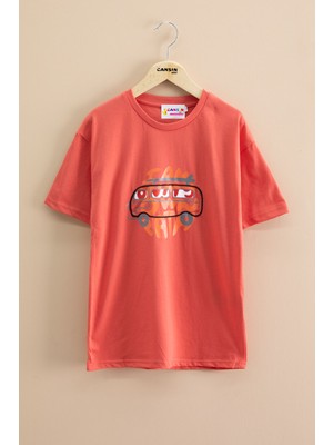 Cansın Mini Turuncu Araba Baskılı Erkek Çocuk Kısa Kol Tişört 5 - 6 Yaş Trend Bisiklet Yaka