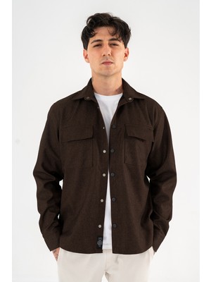 Souris Erkek Kahverengi Oversize Gömlek Ceket Kapaklı Çift Cepli Çıtçıtlı