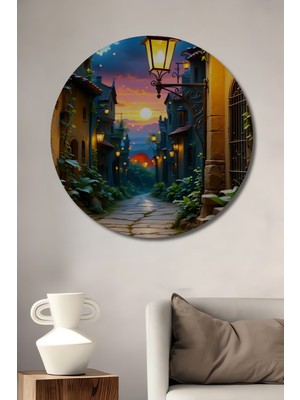 Romantik Sokak Lambası Yağlı Boya Görünümlü Dekoratif Ahşap Ev/işyeri/ofis Yuvarlak Tablo