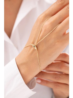 Yeşil Taşlı Kanat 14 Ayar Altın Şahmeran