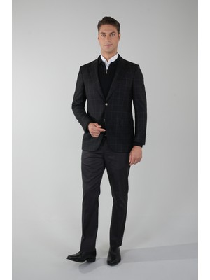 Bisse Comfort Fit Siyah Mono Yaka Çift Yırtmaçlı 6 Drop Yün Kaşmir Erkek Ceket PCK24K24208_D99