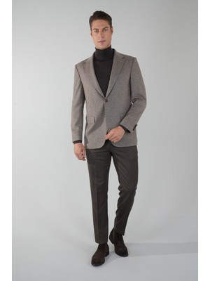 Bisse Comfort Fit Bej Mono Yaka Çift Yırtmaçlı 6 Drop Yün Polyester Erkek Ceket PCK24K24209_D07