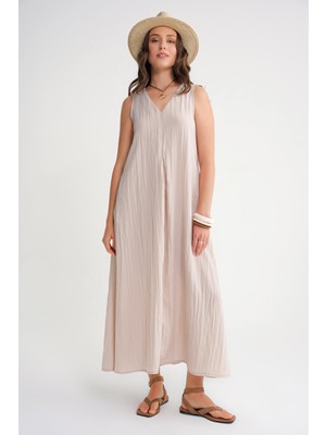 4700 Kadın V Yaka Önü Pileli Elbise Taş