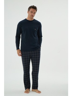 Erkek Uzun Kol Cep Detaylı Ekose Alt Lacivert Pijama Takımı C4T2N69