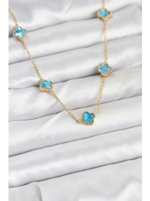 316L Çelik Zincir Gold Renk Buz Mavisi Baby Boy Yonca Kadın Kolye