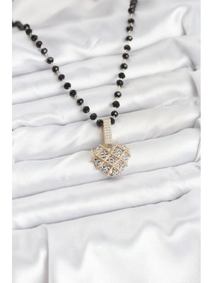 316L Çelik Zincir Kristal Boncuklu Kalpli Kadın Kolye - Bamido