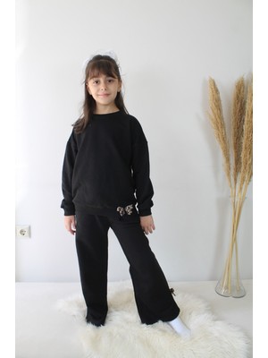 Siyah Leopar Kurdele Detaylı 3iplik Kız Çocuk Eşofman Takım