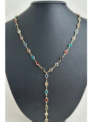 Yuvarlak Renkli Taşlı Crop Dekolte Y Kolye (56CM)