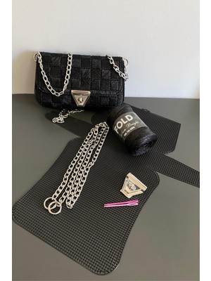 Kanvas Çanta Siyah Örgü Kiti 45X21CM - Simli Ribbon Bright Plastik Kanvas Çanta Seti Simli Ip